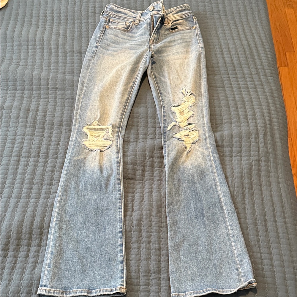 American Eagle Outfitters Distressed Blue Flare Jeans